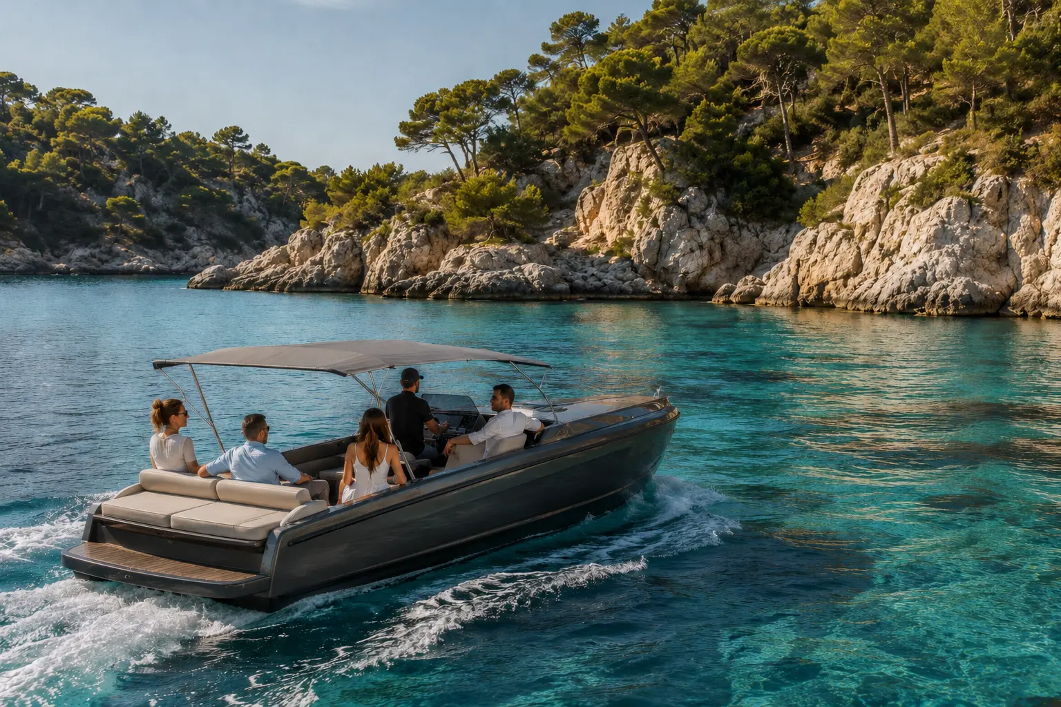 Guests travelling by tender through a secluded Mediterranean bay