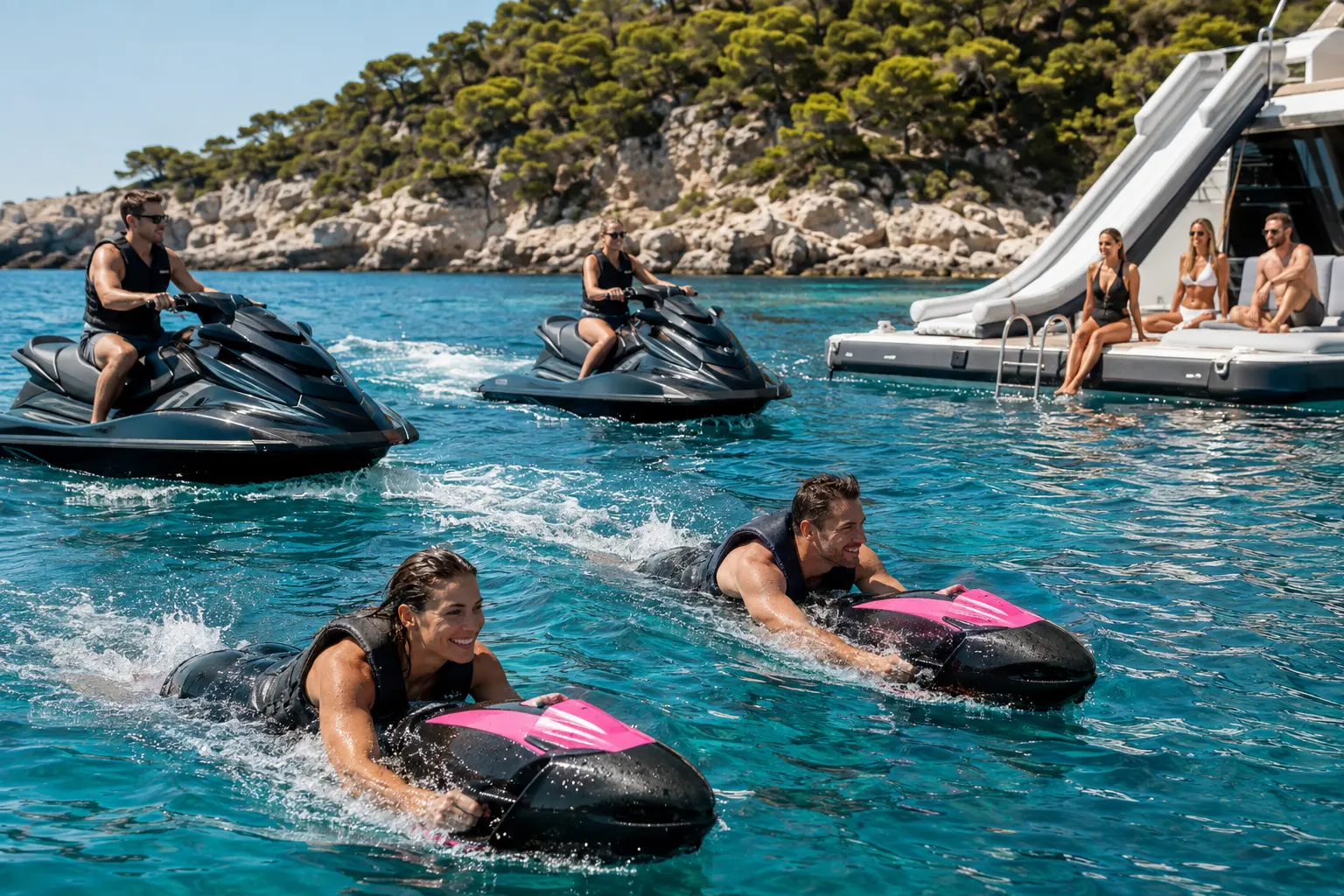 Jet skis, underwater scooters and inflatables ready beside the yacht