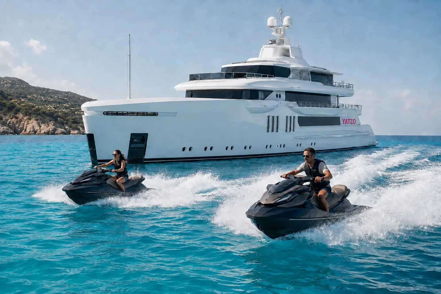 Two jet skis underway beside Yatzo