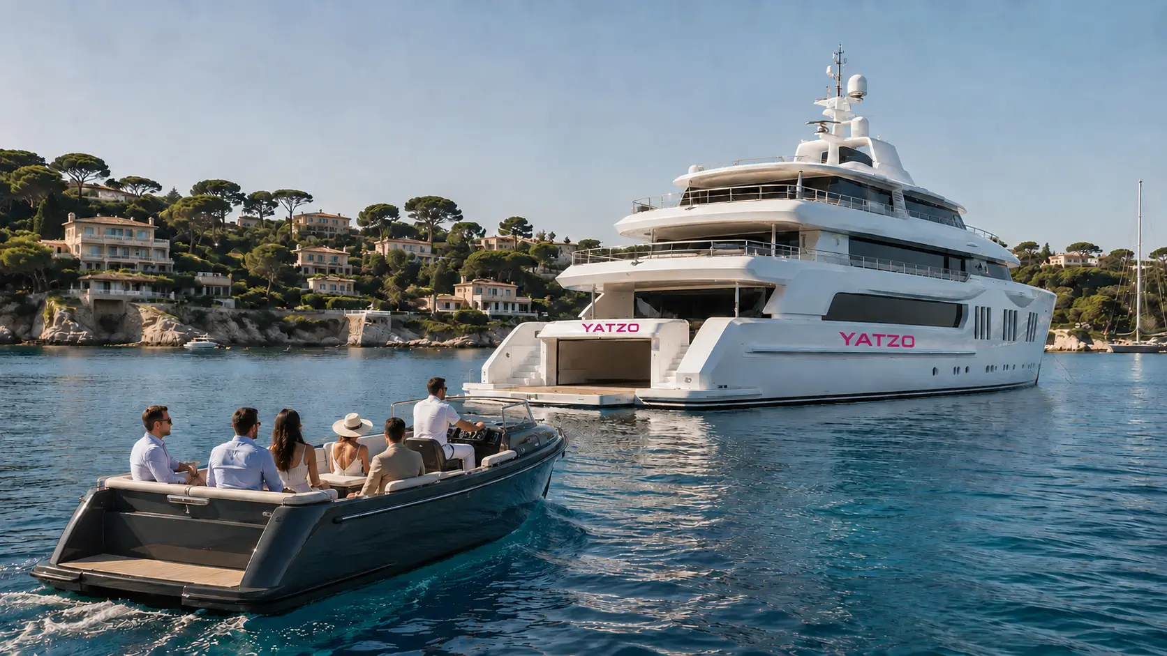 Guests approaching Yatzo in a piloted tender in a Côte d’Azur bay