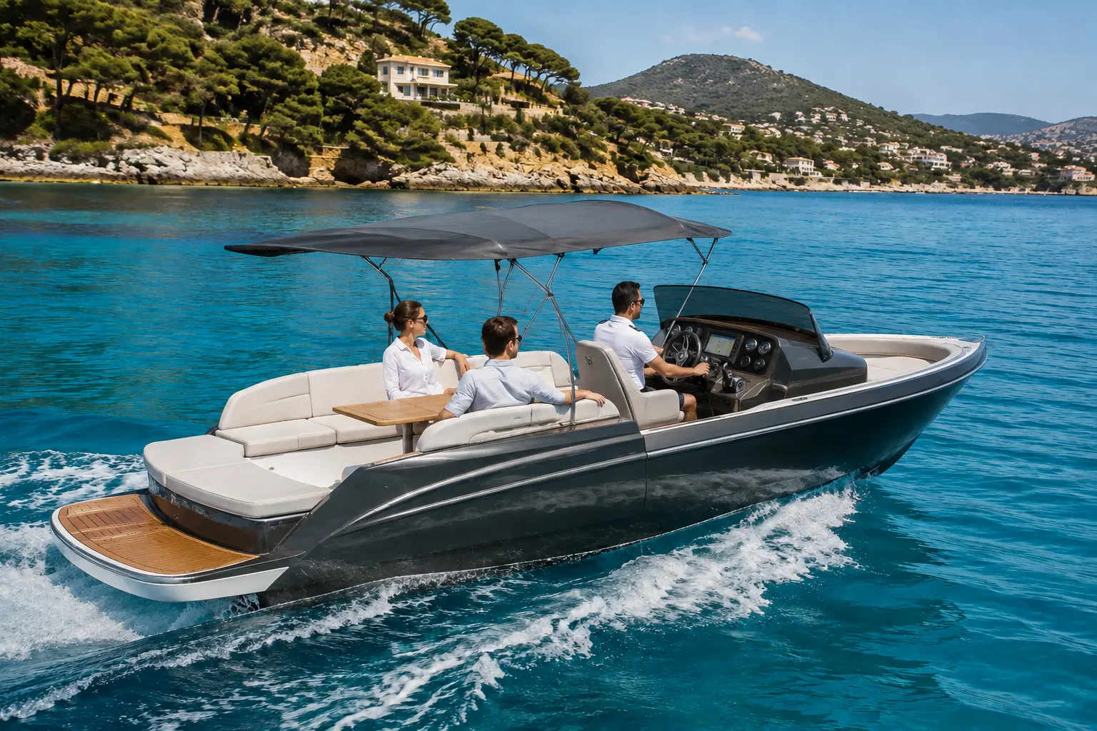 A sleek guest tender underway in the Mediterranean
