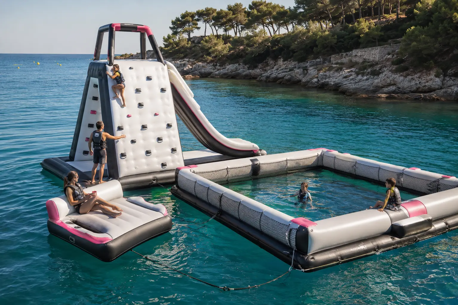 A premium inflatable water park arranged in a sheltered bay