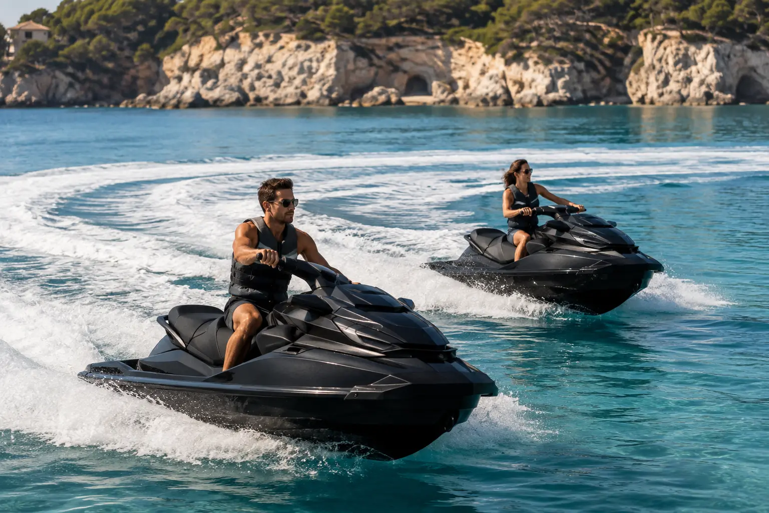 Two jet skis carving across clear Mediterranean water